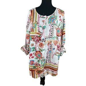 Halston Women's 2xl Linen button up Floral White Multicolor boho beachy career